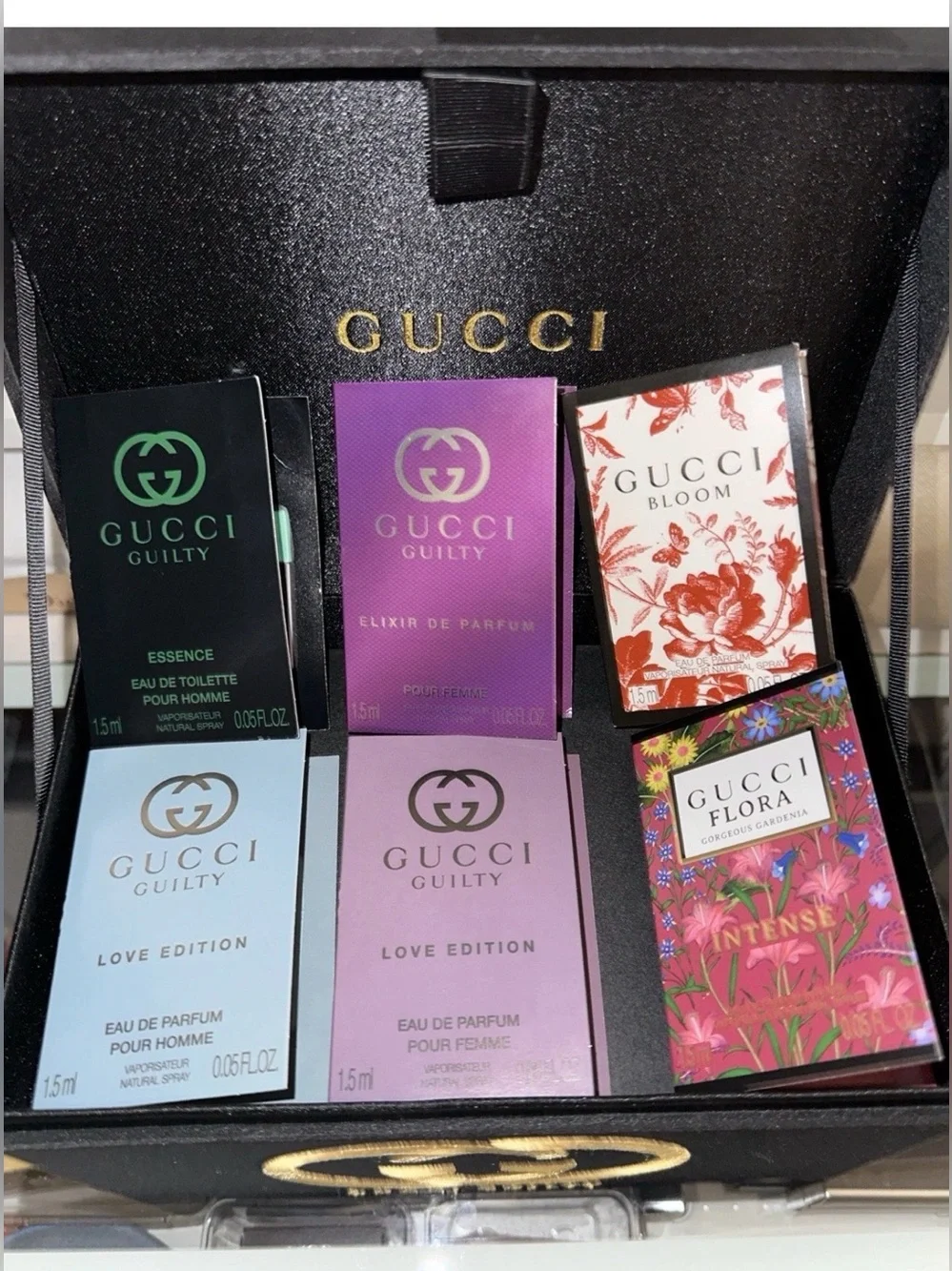 Gucci Black Gold Lined Luxury Fabric Box 🤩STUNNING🖤+6 Gucci Perfumes 1.5ml